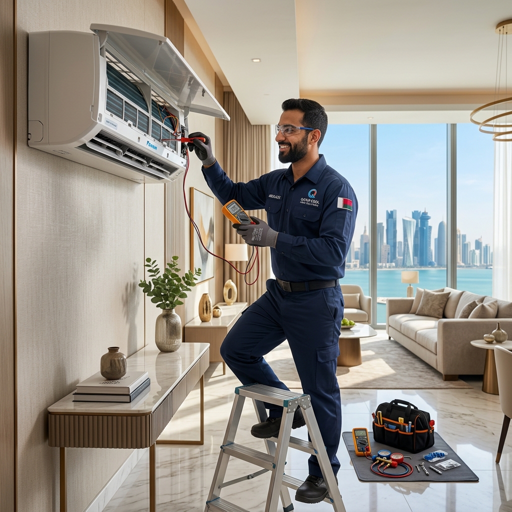 HVAC technician repairing split AC in Qatar
